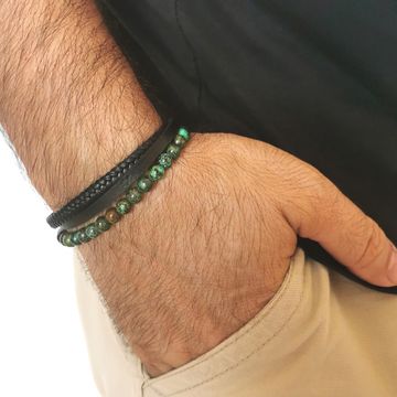 Armband Leder mit grünen Tigeraugen-Perlen  - 2697