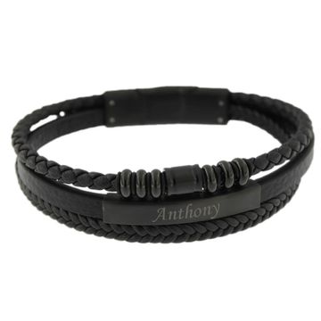 Mehrreihiges Lederarmband Schwarz mit Gravur - 2328