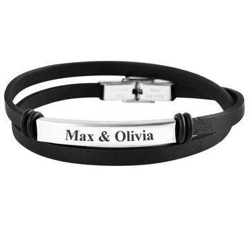 Schwarzes Leder Wickelarmband mit Gravur - 2041