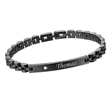 Schwarzes Edelstahl Armband mit Zirkonia und Gravur- 2947
