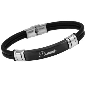 Doppelreihiges Lederarmband Schwarz mit Gravur - 2304