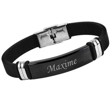 Schwarzes Lederarmband mit Gravurplatte - 2092