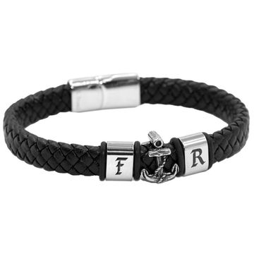 Schwarzes geflochtenes Lederarmband mit Anker - 2538