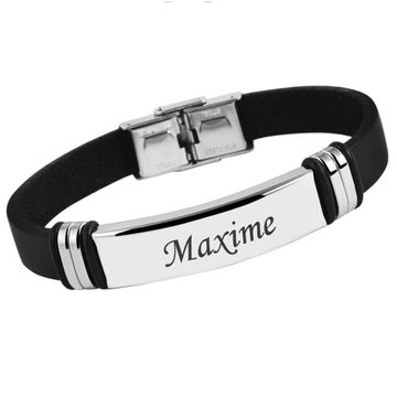 Schwarzes Lederarmband mit Gravurplatte - 2091