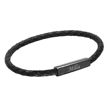 Geflochtenes Lederarmband mit schwarzer Gravurplatte - 2663